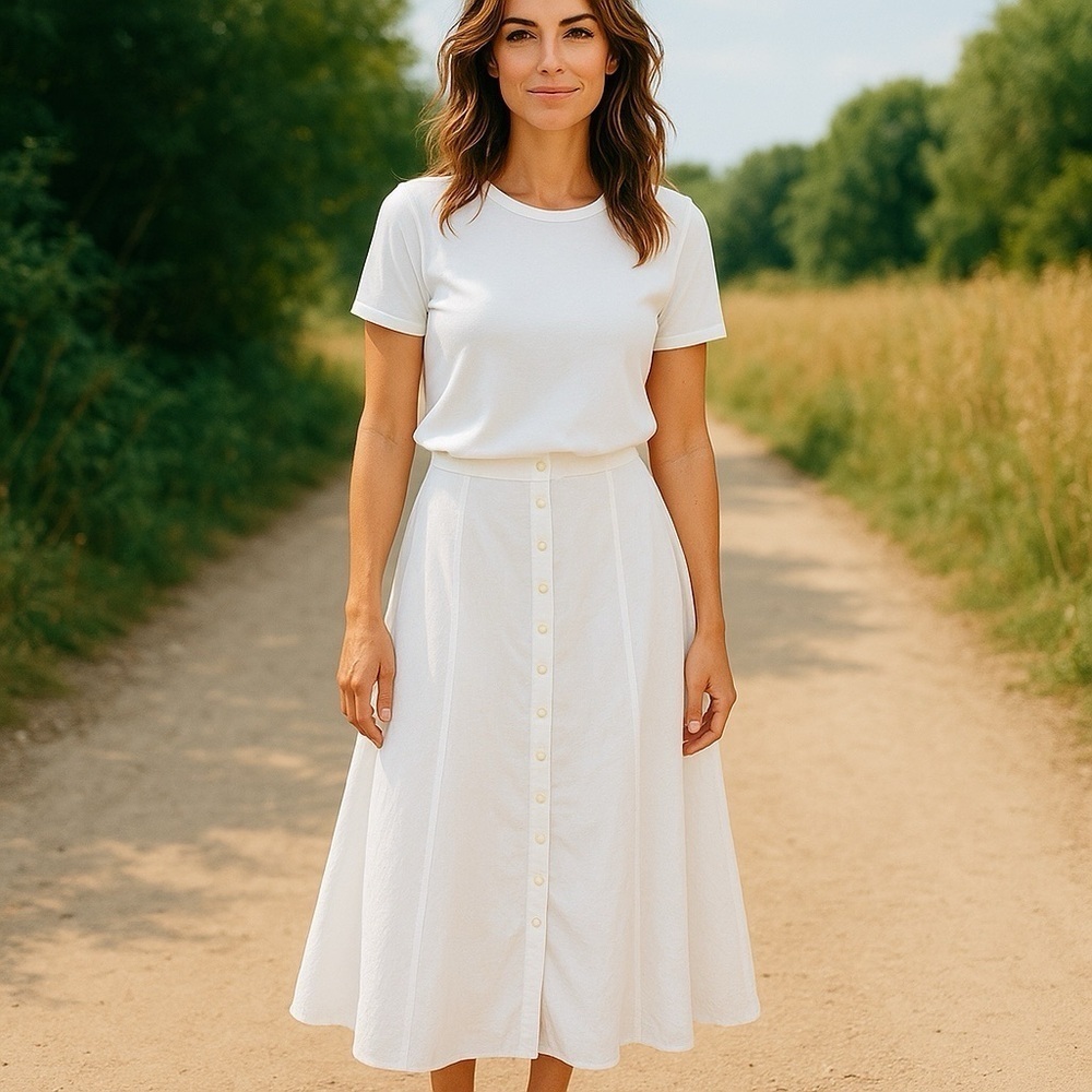 I.N.C. Flowing Bohemian White Linen Midi Skirt Button-Down - Picture 5 of 10